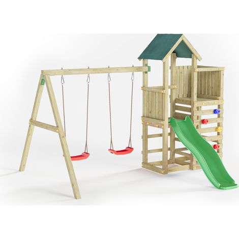 Funni Aire de Jeux Enfant Extérieure – Bois Traité – Toboggan 1,7 m – Balançoire Double – Jusqu’à 8 Enfants – EN 71 (1/5)