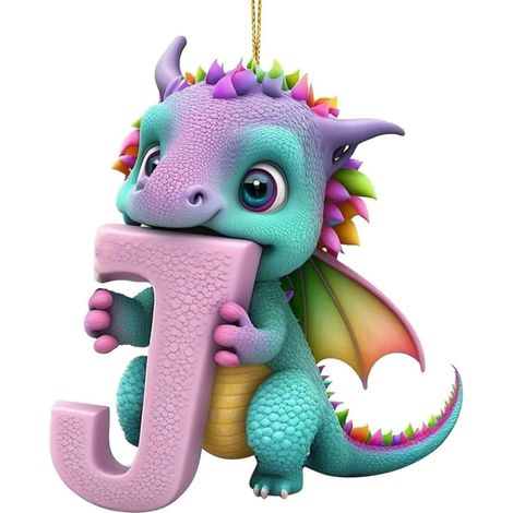 Pendentif De Noël En Acrylique - Lettre Alphabet Dinosaure - 3,1 Pouces - Décoration Arbre De Noël Ou DIY - Lettre J - Lot De 1 (1/5)