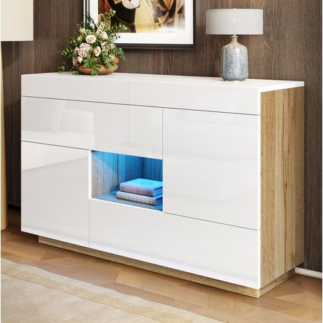 Aparador LED con 2 cajones y 2 puertas blanco OKMYHOME (1/5)