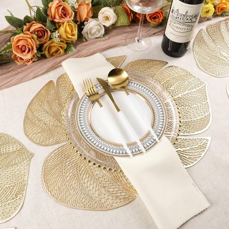 Set aus 6 goldblattförmigen Untersetzern für den Esstisch, abwaschbare metallische Kunststoff-Platzsets, dekorative Tischschoner für Hochzeiten und Geburtstage, 45x35 cm. (1/4)