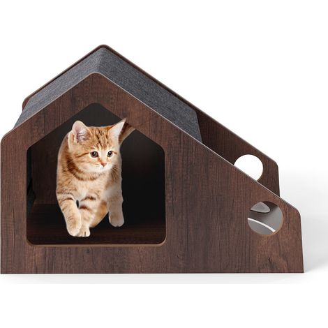 Arbre pour chat avec station d'alimentation incliné 60 x 40 x 40 cm confort optimal ambiance rustique en MDF gris