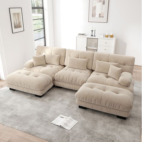 Divano angolare modulare in ciniglia, 313 x 145 x 81 cm, con pouf, beige caffè chiaro DESVIAE (1/5)