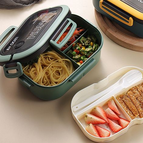 1200 ml Bento-Lunchbox, doppelwandig isoliert, mit Gabel und Löffel, für Schüler und Büroangestellte, Grün (1/5)