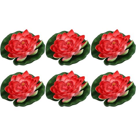 Lot de 6 fleurs de lotus artificielles flottantes, pour la décoration de bassins et étangs de jardin, rouge clair, 7-AquaForge (1/5)