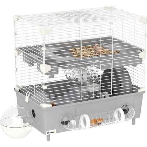 Gabbia per Criceti a 2 Livelli 44,5x28x44 cm 3 Porte Ruota e Tubi in Acciaio Grigio e Bianco (1/5)
