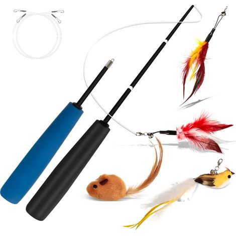 Canne à Pêche pour Chat Télescopique, Jouet Interactif avec 4 Têtes de Rechange (Oiseau à Clochette, Souris, Plumes), Jeu pour Chat d'Intérieur pour Stimuler l'Instinct de Chasse (1/5)
