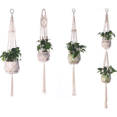Lot de 4 suspensions pour plantes en corde de coton – Support de pot de fleurs style bohème macramé – Cache-pot suspendu tressé pour intérieur et extérieur, balcon, plafond et mur (1/5)