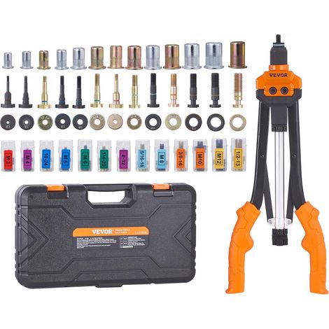 Riveteuse Manuelle pour Écrou à Sertir 41 cm Pince à Insert Fileté avec 13 Mandrins 186 Écrous de 13 Tailles Outil à Riveter Dérivetage Semi-Automatique avec Mallette pour Automobile Bricolage (1/5)