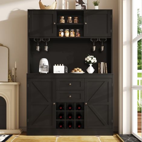 Credenza da cucina con vani contenitori modulari, nera, portabottiglie e ripiano regolabile, mobile alto con 4 ante e 2 cassetti, pratico per la cucina.