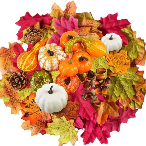 126 Pièces Decoration Automne de Citrouille Artificielle,Halloween Decoration Exterieur Interieur Table,Ensemble Feuille d'érable Citrouille Glan Cônes de Pin Artificielle pour Thanksgiving,Mariage (1/5)