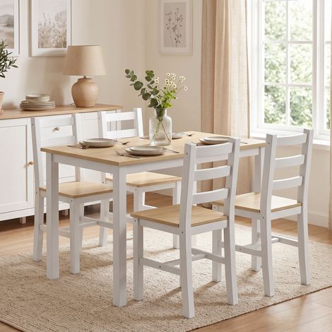 Table de salle à manger en bois massif 4 places, ensemble 5 pièces avec chaises, style champêtre, couleur naturel et blanc (1/5)