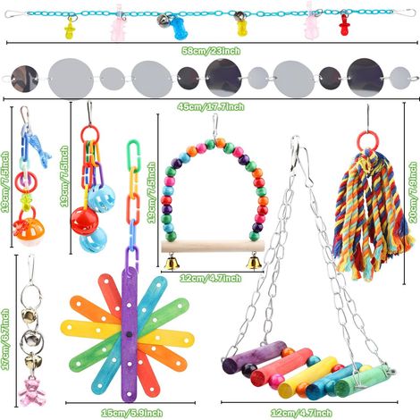 Jouet pour Oiseau 10 Pièces Balançoire Échelle en Bois Suspendue Clochette Corde à Mâcher Miroir Accessoires de Cage pour Perruche Inséparable Calopsitte (1/5)