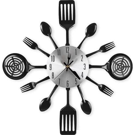 Reloj de pared contemporáneo de acero Herklotzn de 40 cm con motivo de utensilios, decoración oscura para cocina.