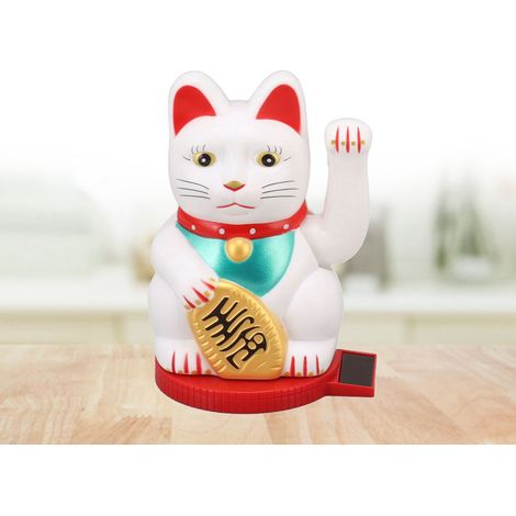 Estatua solar de gato de la suerte (13,5 cm) con base blanca giratoria sensible a la luz: ideal para el hogar, la oficina o el restaurante. (1/5)