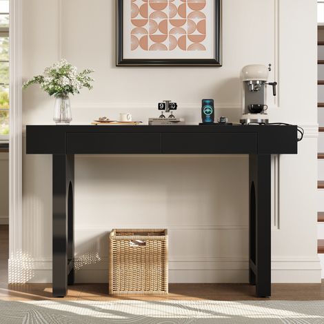 Console 120x35.5x76.5 cm noire en MDF avec tiroirs et prise intégrée