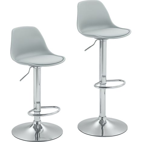 Lot de 2 tabourets de bar rembourrés, cadre acier, hauteur réglable, pivotants 360°, repose-pieds, simili cuir gris, pour cuisine