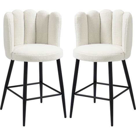 Tabourets de bar chaises hautes lot de 2 acier tissu effet laine bouclée crème noir repose-pieds hauteur 65 cm