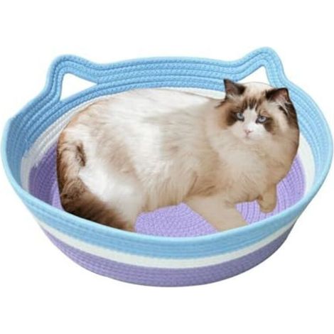 Round Cotton Corde Lavable Panier de Chat, Lit pour Chat Tressé Chaud Mignon, Pliable Respirant Lavable, Bleu e Violet, Couleurs Visibles pour Les Chats, 41,5 34,5 11 cm (1/5)