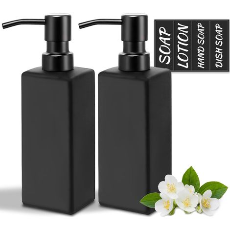 Distributeur de savon en verre noir mat avec pompe en métal, distributeur de savon carré 350 ml pour cuisine et salle de bain, lot de 2 (1/5)