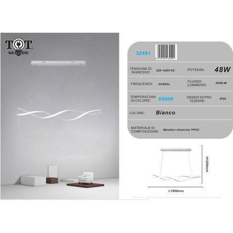Lampadario a sospensione led 48W bianco spirale ondulato luce vortice orizzontale per camera cucina soggiorno  Bianco freddo