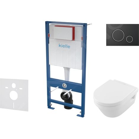 kielle Genesis - Set de bâti-support, cuvette Architectura et abattant softclose, CeramicPlus, plaque de déclenchement Gemini II, noir mat/chrome SANI11AK5103