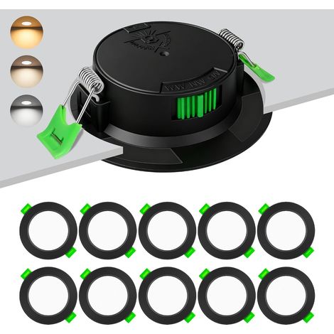 Lot de 10 Spots LED Encastrables 230V 6W, Découpe Ø55-68mm Spot LED Encastrable 3CCT 2700K/4000K/6000K, Ultra Plat 25mm IP44 Spots LED Plafond pour Salle de Bain Cuisine Salon, Noir (1/5)