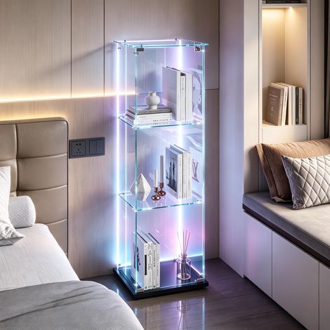 FOERPL-Vitrine en Verre avec LED, Vitrine Colonne à 3 Étagères pour Collection, VitrinE à Vin en VERRE à 1 Portes et Serrure, Meuble de Collection Vertical VITRINE de Rangement
