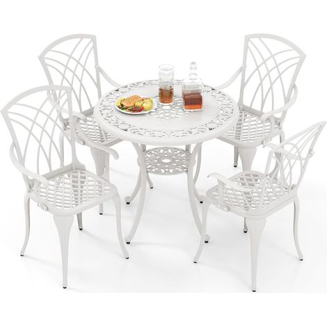 COSTWAY Set Tavolo e Sedie per Giardino, Set da Giardino in Alluminio Pressofuso da 5 Pezzi, Tavolo con Foro per Ombrellone, Tavolo da Esterno con 4 Sedie, per Giardino e Balcone, Bianco (1/5)