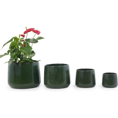 Lot de 4 pots de fleurs en céramique vert antique brillant, avec trous de drainage, résistants au gel, pour balcon, terrasse, jardin et intérieur - CHICFURN (1/5)