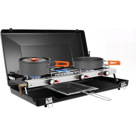Réchaud à Gaz 3 Feux Noir, Cuisinière Camping Portable Propane Butane, 3 x 1,5 kW, Allumage Automatique, Couvercle Pliable, Plaque Cuisson pour Extérieur Caravan Jardin (1/5)