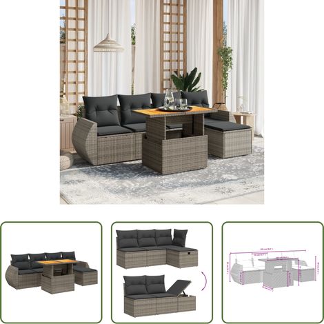 vidaXL Table de jardin - Salon de jardin 6 pcs avec coussins gris résine tressée (1/5)