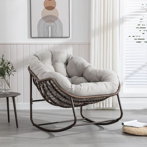 Fauteuil à bascule d'extérieur en rotin, Fauteuil inclinable à bascule avec coussin rembourré — Idéal pour porche, salon, terrasse et jardin — Beige