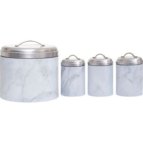 Interiors by Premier 4Pc White Marble Effect Storage Set, Kitchen Storage Set, 4 Piece Kitchen Canister Set, Metal Canisters (1/5)