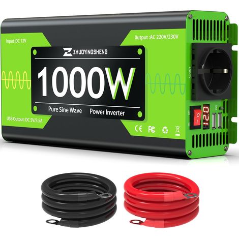 Convertisseur 12V 220V Pur Sinus 1000W Onduleur Vert, Onduleur avec AC Prises et écran LCD,pour Voiture, Caravane, Bateau, Camping, Voyage (1/5)