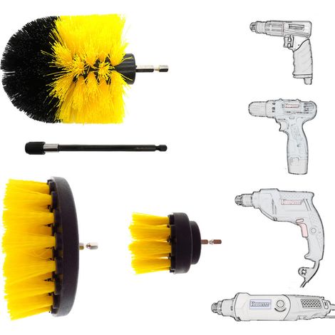 Brosse Nettoyage Perceuse 4 pièces, Brosse pour Perceuse Voiture Carrelage Tapis Baignoire Cuisine Toilettes Jaune (1/5)