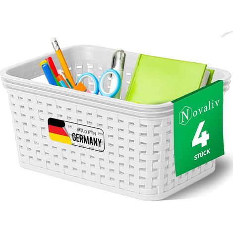 Paniers de rangement élégants Novaliv 4 pièces en aspect rotin Plastique blanc 2L pour le bureau et la maison. Boîtes de rangement polyvalentes