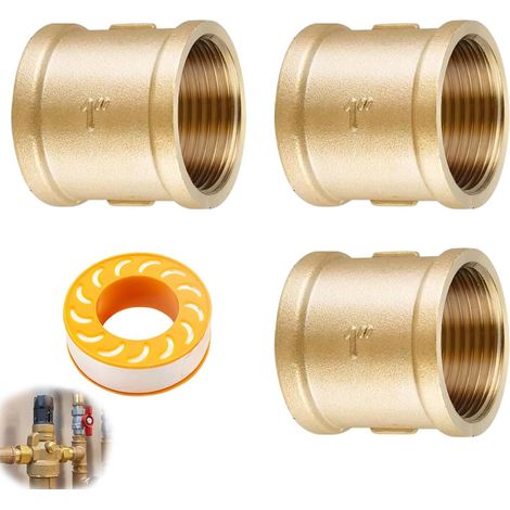 Lot de 3 manchons en laiton 1" - Filetage intérieur - Manchon Messin - 1" IG/IG - En laiton - Double raccord fileté intérieur avec ruban adhésif - Pour chauffage, projets de bricolage et sanitaires (1/5)