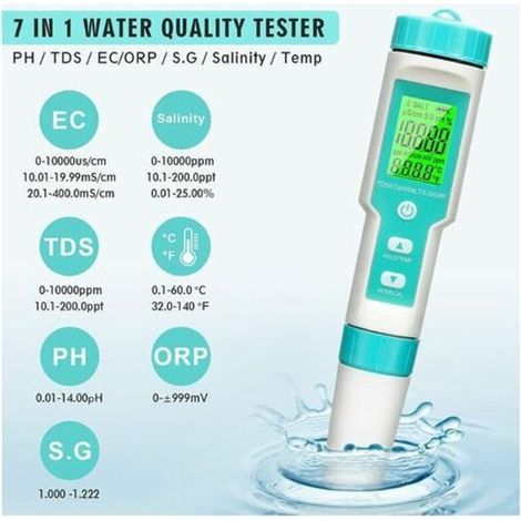 Testeur de pH numérique, 7 en 1 Ph/tds/ec/orp/sg/salinité/température avec ATC, résolution 0,01, testeur de type stylo de haute précision, testeur de qualité de l'eau avec rétroéclaira (1/5)