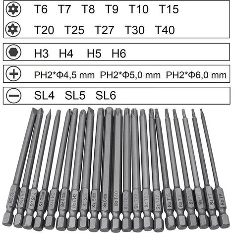 Embouts de visseuse 21 pièces – Embouts magnétiques 100mm – Torx T6-T40, Hexagonal 3mm-6mm, Phillips PH2, Plats 4mm-6mm – Acier S2 (1/4)