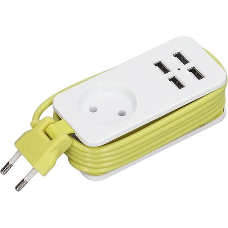 Multiprise ignifugée 1200 W 10 A avec 4 ports USB, compatible avec smartphones et tablettes, 250 V, blanc/vert (1/5)