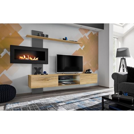 Ensemble meuble TV avec cheminiée biologique "Flame B" - Beige/Noir - L 250 x H 170 x P 40 cm - Livraison gratuite (1/4)