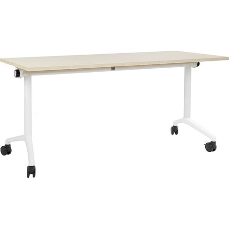 Escritorio rectangular moderno plegable con ruedas mesa móvil portátil estructura metálica 160 x 60 cm madera clara y blanco Cavi