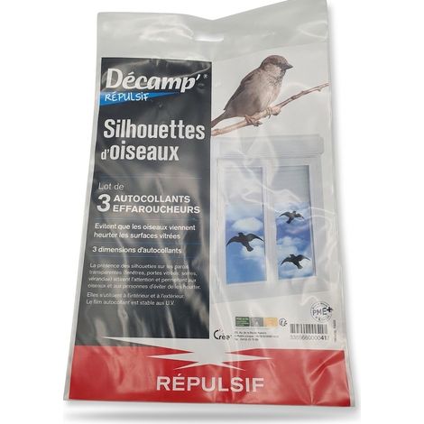 Lot de 3 - DÉCAMP' - Silhouettes d'oiseaux autocollants effaroucheurs - 3 dimensions - Noir - Film autocollant stable aux UV - Protection des surfaces vitrées intérieur et extérieur - EAN 335566000041 (1/4)