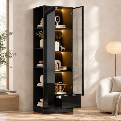 Vitrine 50x35x160 cm noire à porte vitrée LED réglable avec rangement pour salon - CHICFURN (1/5)