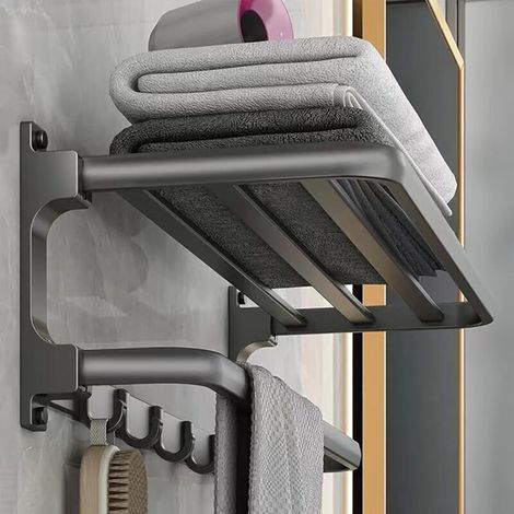 Porte-Serviettes sans perçage- Porte Serviettes de Salle de Bain - Montage Mural - avec 5 Crochets pour Serviettes de Bain, 58cm-Gris (1/5)