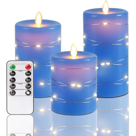 Bougies sans flamme bleues Bougie à piles avec guirlandes lumineuses Bougies scintillantes à piles LED avec télécommande et minuterie Lot de 3 (bleu) (1/2)