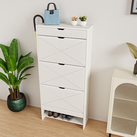 Meuble à chaussures 3 abattants avec tiroir supérieur, 2 niveaux, MDF blanc HAVRYA (1/5)