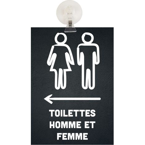 Panneau PVC "TOILETTES HOMME ET FEMME" flèche à gauche fond noir format A5 avec fixation ventouse (1/4)
