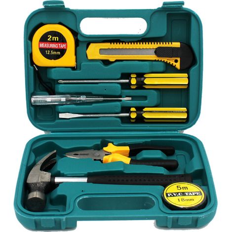 Coffret à Outils avec Boîte en Métal, Pince, Clés et Tournevis pour Voiture et Maison, 9 pièces