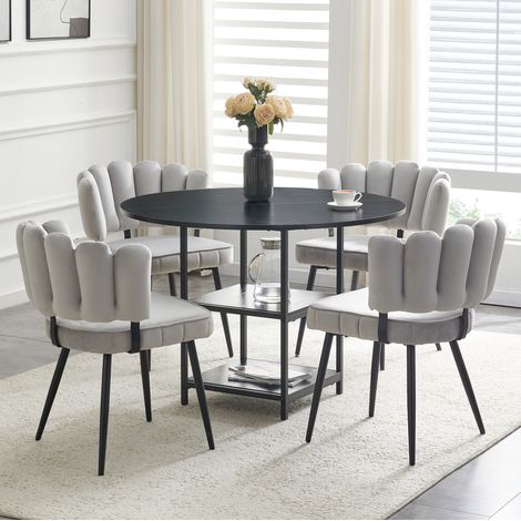Conjunto mesa redonda 107 cm con 4 sillas gris claro, tablero MDF negro y doble almacenamiento (1/5)